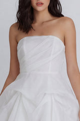 A Line Strapless Ruched Cut Out Mini White Dress with Bow