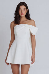 One Shoulder A Line Satin Mini White Dress