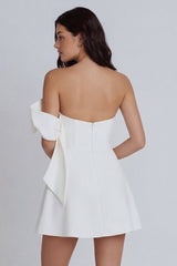 One Shoulder A Line Satin Mini White Dress
