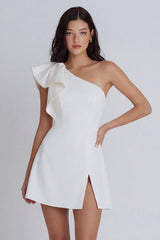 One Shoulder Ruffled A Line Mini White Dress with Slit