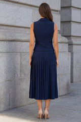 Shawl Lapel 2 Piece Pleated Navy A Line Midi Work Dress