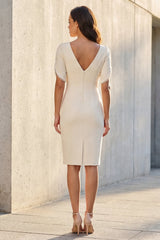 Ivory V Neck Pearled Bodycon Midi Work Dress with Slit