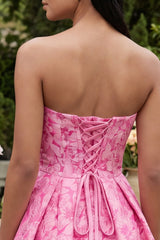 Strapless Bowed Floral A Line Fuchsia Mini Homecoming Dress