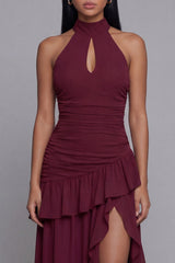 High Neck Burgundy Cut Out Ruffled Formal Dress
