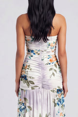 Ivory Floral Strapless Ruched Long Wedding Guest Dress with Slit