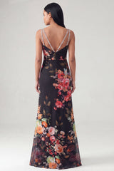 Mermaid V-Neck Black Floral Long Wedding Guest Dress