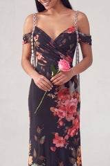 Floral Black Cold Shoulder Ruched Wedding Guest Dress