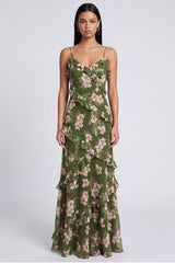 A Line Dark Green Spaghetti Straps Floral Wedding Guest Dress