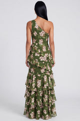One Shoulder Mermaid Dark Green Floral Wedding Guest Dress with Slit