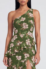 One Shoulder Mermaid Dark Green Floral Wedding Guest Dress with Slit