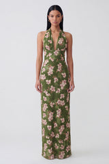 Dark Green Halter Sheath Floral Wedding Guest Dress