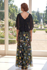 Black Floral A Line V Neck Maxi Mother of the Bride Dress