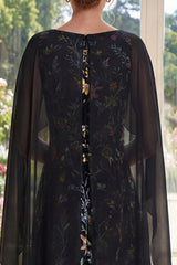 Boat Neck Black Floral A Line Maxi Mother of the Bride Dress