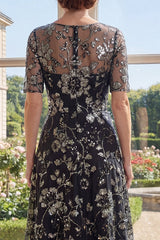 Black Short Sleeve Appliqued A Line Mother of the Bride Dress