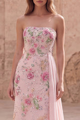 Strapless Pink Floral Sequin Mermaid Prom Dress with Side Streamer