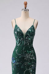 Sparkly Dark Green Appliqued Mermaid Prom Dress with Slit