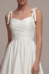 A Line Satin Ruched White Midi Engagement Dress