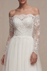 White Off the Shoulder Lace A Line Tulle Wedding Dress