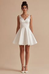 A Line Satin Appliqued V Neck Mini White Dress