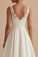 White A Line Satin V Neck Maxi Engagement Dress