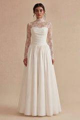 White High Neck Lace A Line Maxi Wedding Dress
