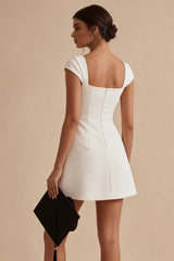 Square Neck A Line Satin Mini White Dress with Cap Sleeves