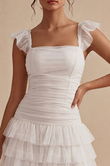 Tiered Square Neck Ruched Ruffled Mini White Dress