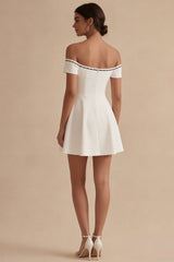Off the Shoulder A Line Bowed Mini White Dress