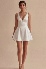A Line Satin V Neck Mini White Dress