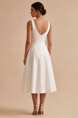 Satin V Neck A Line Midi White Dress