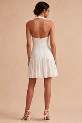 Halter A Line Pleated Mini White Dress with Bow