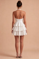 Halter Tiered A Line Bowed Mini White Dress
