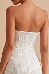 Sparkly Strapless Ruched Corset Bodycon Mini White Dress