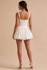 Spaghetti Straps A Line Pleated Mini White Dress with Belt