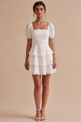 Tiered Square Neck Short Sleeve Mini White Dress