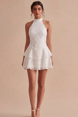 Halter Sequin Tiered A Line Mini White Dress