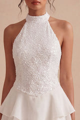 Halter Sequin Tiered A Line Mini White Dress