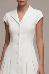 Notched Lapel A Line Pleated White Mini Work Dress