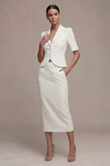 Notched Lapel White 2 Piece Bodycon Midi Work Dress with Short Sleeves