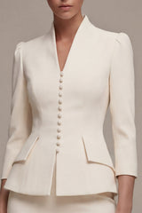 Ivory 2 Piece Single Breasted Bodycon Midi Work Dress with 3/4 Sleeves