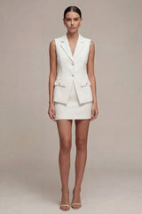 Notched Lapel White 2 Piece Bodycon Pearled Mini Work Dress