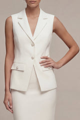 White Pearled Notched Lapel 2 Piece Bodycon Work Dress with Slit