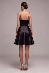 Black Spaghetti Straps A Line Pleated Satin Mini Dress