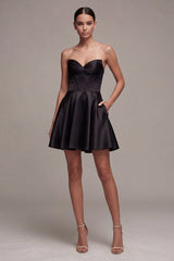 Strapless Black Corset A Line Pleated Satin Mini Dress