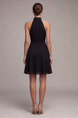 Halter Ruched Black A Line Mini Dress