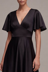 Black A Line Satin Short Sleeve Midi Dress