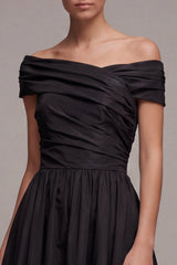 Off the Shoulder Ruched Black A Line Pleated Satin Midi Formal Dress