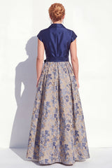 Navy Floral Notched Lapel A Line Mother of the Bride Dress with Bow