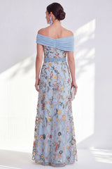 Off the Shoulder Ruched Embroidered Blue A Line Mother of the Bride Dress