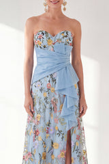 Strapless Blue Floral A Line Ruffled Maxi Mother of the Bride Dress
